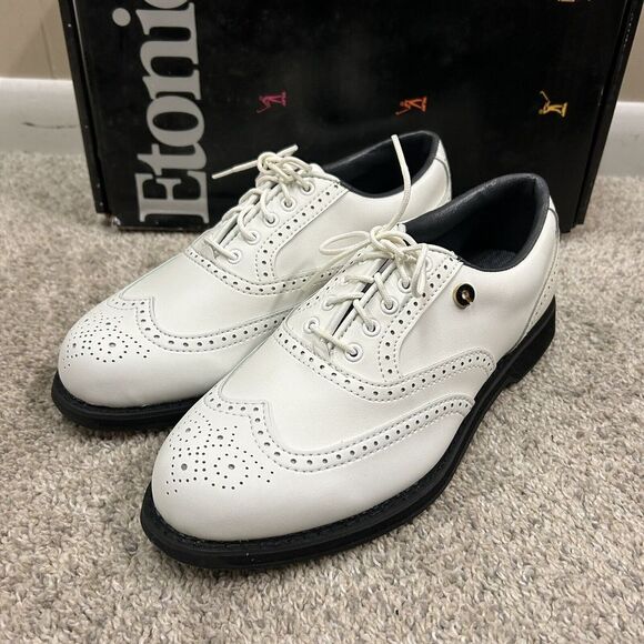 Etonic Lites Golf Shoes Men's 7.5 M White Metal Spikes New‎ with Defects - Picture 1 of 11